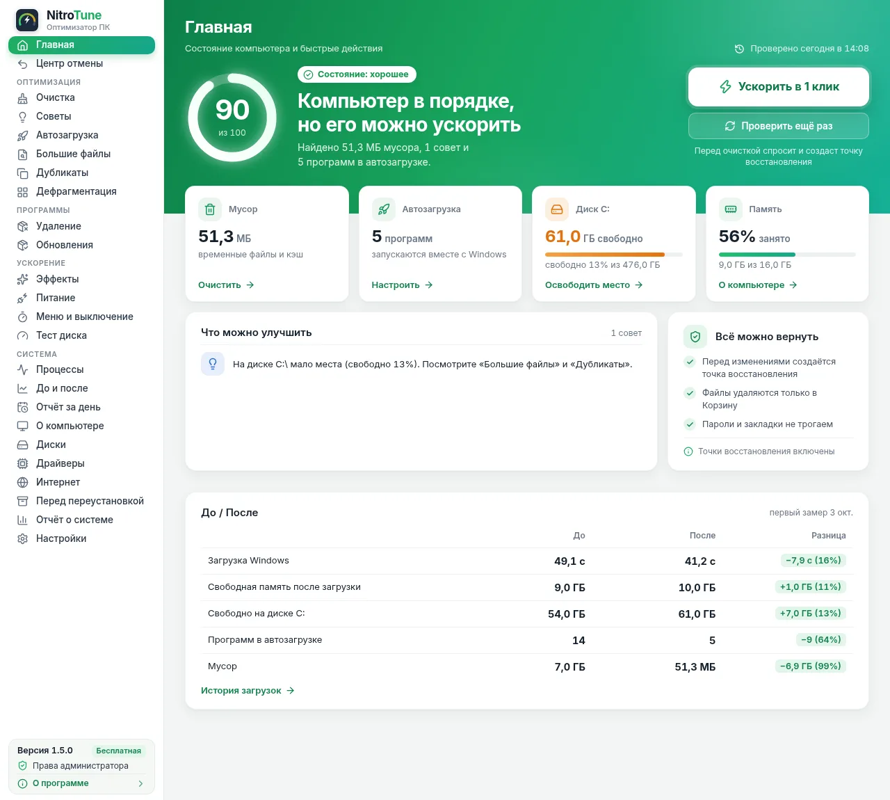 NitroTune home screen: PC health score, junk, startup, disk and memory
